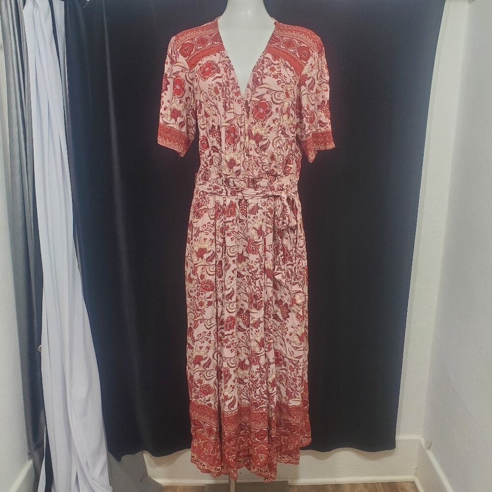 Knox Rose Pink & Red Poppy Floral Faux Wrap Maxi Dress Belted SZ L 1/2 Sleeve